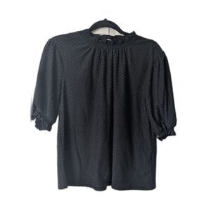 J. Crew Black Mock Neck Swiss Dot Blouse Top Medium Cotton Blend Feminine Preppy